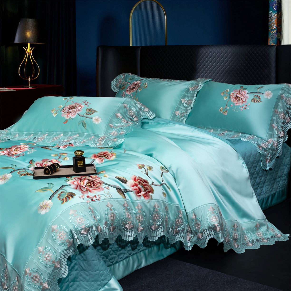 91家纺网 家纺一手货源 找家纺 OL家纺 2026新款高精密苏绣蕾丝四件套 金玉满堂-天兰