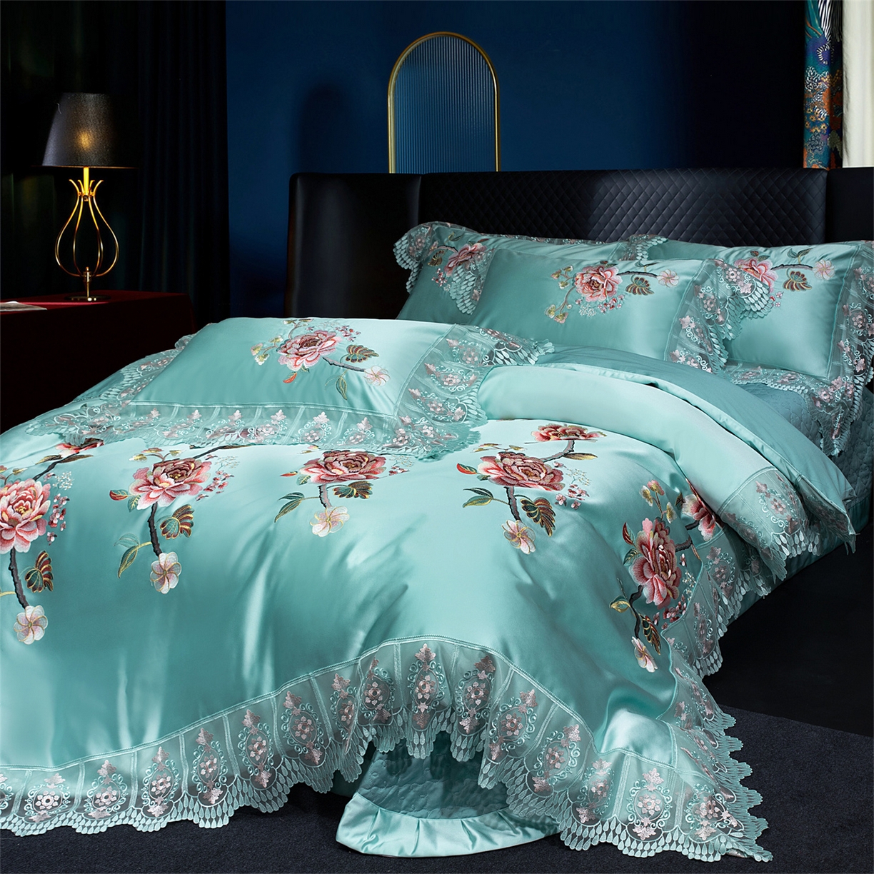 91家纺网 家纺一手货源 找家纺 OL家纺 2026新款高精密苏绣蕾丝四件套 金玉满堂-天兰