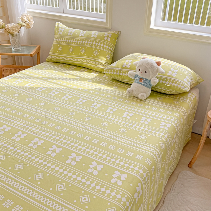 91家纺网 家纺一手货源 找家纺 爱彼家纺 2026新款原棉老粗布凉席席子床单条纹印花床单-粗纱系列一 草莓格绿