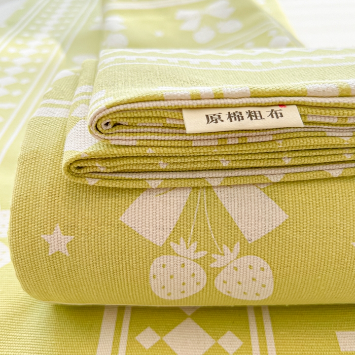 91家纺网 家纺一手货源 找家纺 爱彼家纺 2026新款原棉老粗布凉席席子床单条纹印花床单-粗纱系列一 草莓格绿
