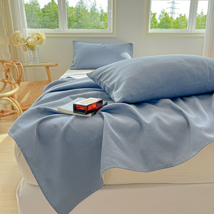 91家纺网 家纺一手货源 找家纺 爱彼家纺 2026新款原棉老粗布凉席席子床单条纹印花床单-粗纱系列一 格调海洋-蓝