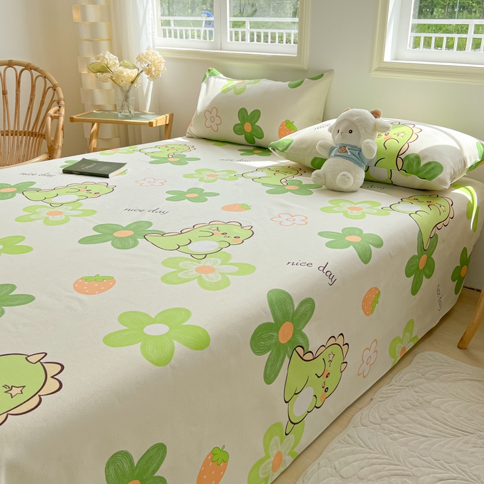 91家纺网 家纺一手货源 找家纺 爱彼家纺 2026新款原棉老粗布凉席席子床单条纹印花床单-粗纱系列一 花妍恐龙