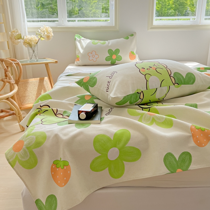 91家纺网 家纺一手货源 找家纺 爱彼家纺 2026新款原棉老粗布凉席席子床单条纹印花床单-粗纱系列一 花妍恐龙