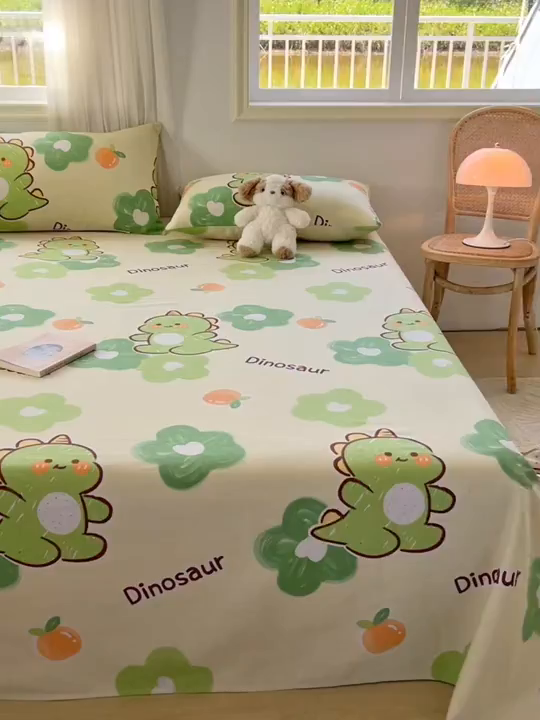 91家纺网 家纺一手货源 找家纺 爱彼家纺 2026新款原棉老粗布凉席席子床单条纹印花床单-粗纱系列一 花妍恐龙