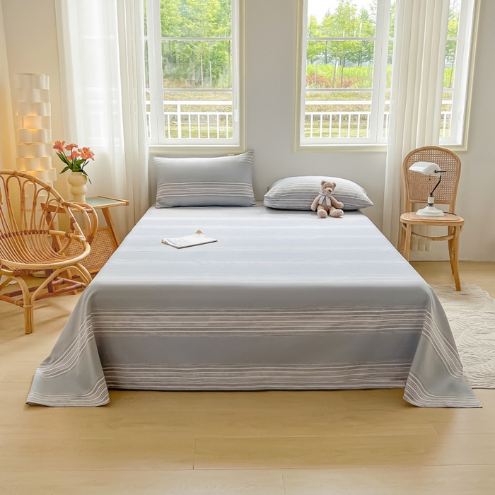 91家纺网 家纺一手货源 找家纺 爱彼家纺 2026新款原棉老粗布凉席席子床单条纹印花床单-粗纱系列一 灰白细条