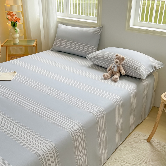 91家纺网 家纺一手货源 找家纺 爱彼家纺 2026新款原棉老粗布凉席席子床单条纹印花床单-粗纱系列一 灰白细条