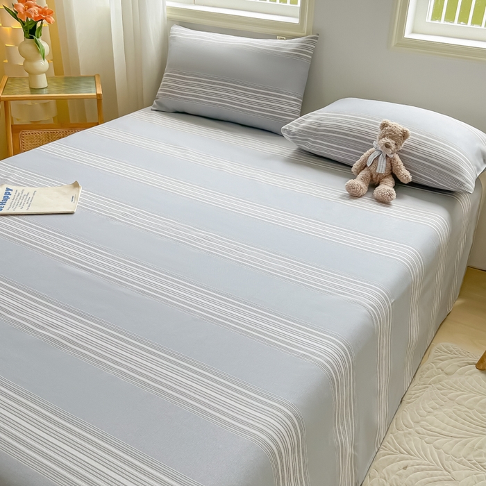 91家纺网 家纺一手货源 找家纺 爱彼家纺 2026新款原棉老粗布凉席席子床单条纹印花床单-粗纱系列一 灰白细条