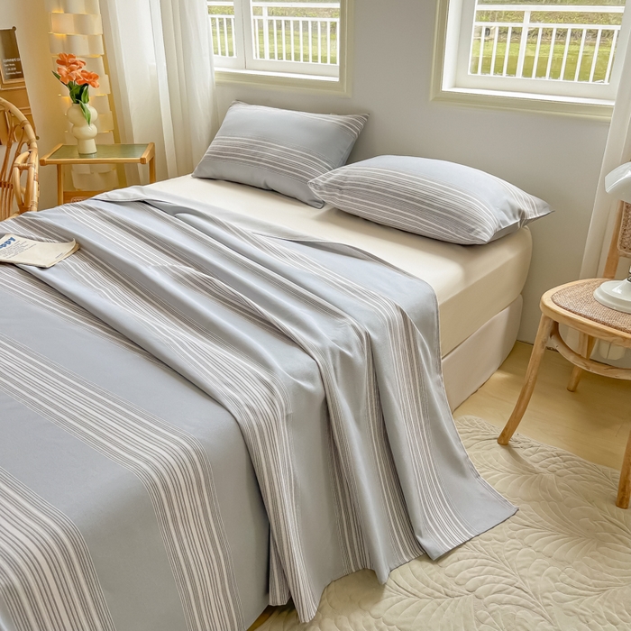 91家纺网 家纺一手货源 找家纺 爱彼家纺 2026新款原棉老粗布凉席席子床单条纹印花床单-粗纱系列一 灰白细条