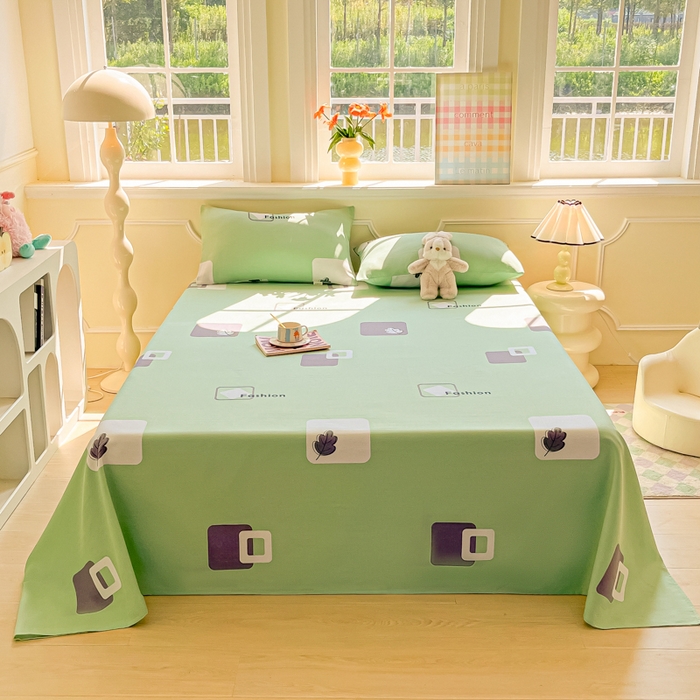 91家纺网 家纺一手货源 找家纺 爱彼家纺 2026新款原棉老粗布凉席席子床单条纹印花床单-粗纱系列一 简兮淡绿