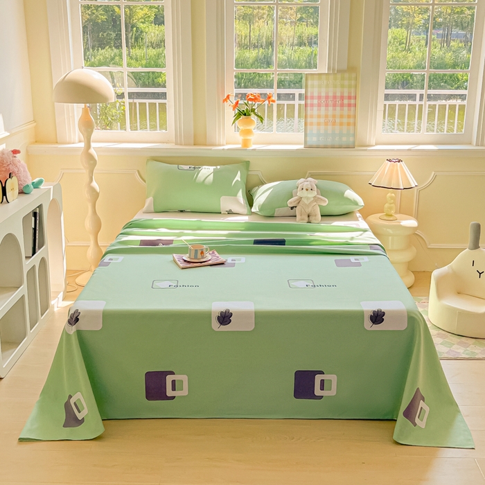 91家纺网 家纺一手货源 找家纺 爱彼家纺 2026新款原棉老粗布凉席席子床单条纹印花床单-粗纱系列一 简兮淡绿