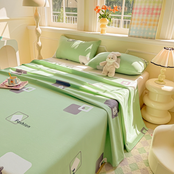 91家纺网 家纺一手货源 找家纺 爱彼家纺 2026新款原棉老粗布凉席席子床单条纹印花床单-粗纱系列一 简兮淡绿