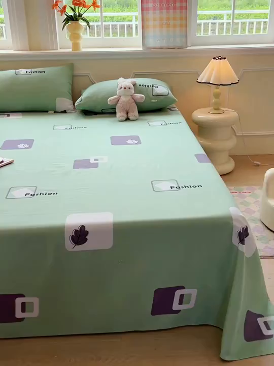 91家纺网 家纺一手货源 找家纺 爱彼家纺 2026新款原棉老粗布凉席席子床单条纹印花床单-粗纱系列一 简兮淡绿