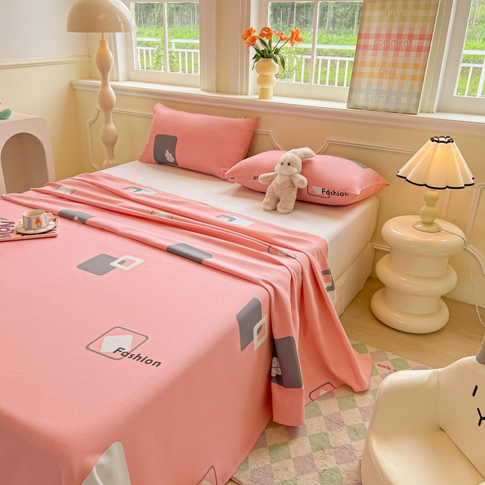 91家纺网 家纺一手货源 找家纺 爱彼家纺 2026新款原棉老粗布凉席席子床单条纹印花床单-粗纱系列一 粉红简兮