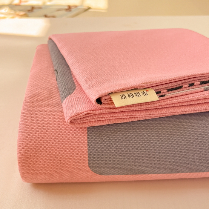91家纺网 家纺一手货源 找家纺 爱彼家纺 2026新款原棉老粗布凉席席子床单条纹印花床单-粗纱系列一 粉红简兮