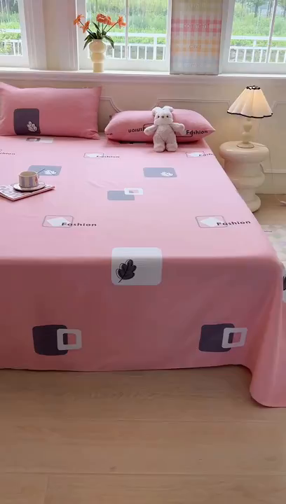 91家纺网 家纺一手货源 找家纺 爱彼家纺 2026新款原棉老粗布凉席席子床单条纹印花床单-粗纱系列一 粉红简兮