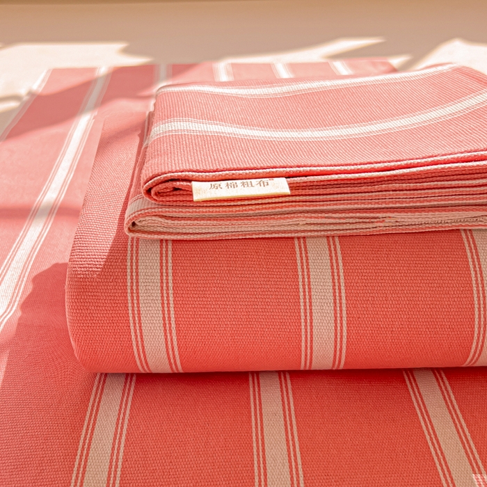 爱彼家纺 2026新款原棉老粗布凉席席子床单条纹印花床单-粗纱系列一 雅粉中条