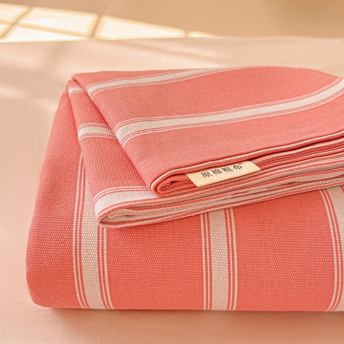 91家纺网 家纺一手货源 找家纺 爱彼家纺 2026新款原棉老粗布凉席席子床单条纹印花床单-粗纱系列一 雅粉中条