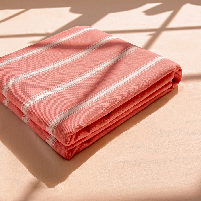 91家纺网 家纺一手货源 找家纺 爱彼家纺 2026新款原棉老粗布凉席席子床单条纹印花床单-粗纱系列一 雅粉中条