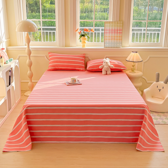 91家纺网 家纺一手货源 找家纺 爱彼家纺 2026新款原棉老粗布凉席席子床单条纹印花床单-粗纱系列一 雅粉中条