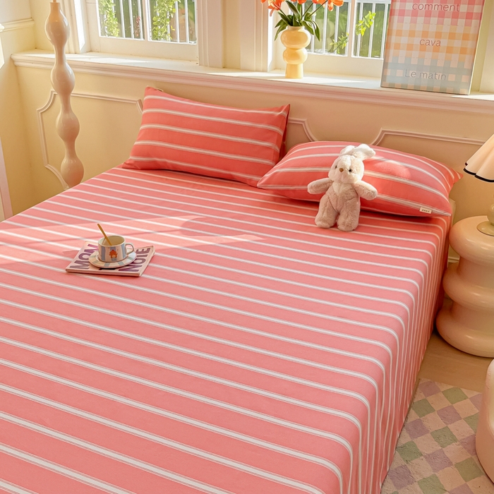 91家纺网 家纺一手货源 找家纺 爱彼家纺 2026新款原棉老粗布凉席席子床单条纹印花床单-粗纱系列一 雅粉中条