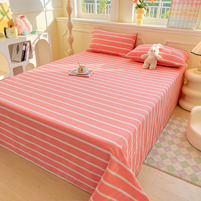 91家纺网 家纺一手货源 找家纺 爱彼家纺 2026新款原棉老粗布凉席席子床单条纹印花床单-粗纱系列一 雅粉中条