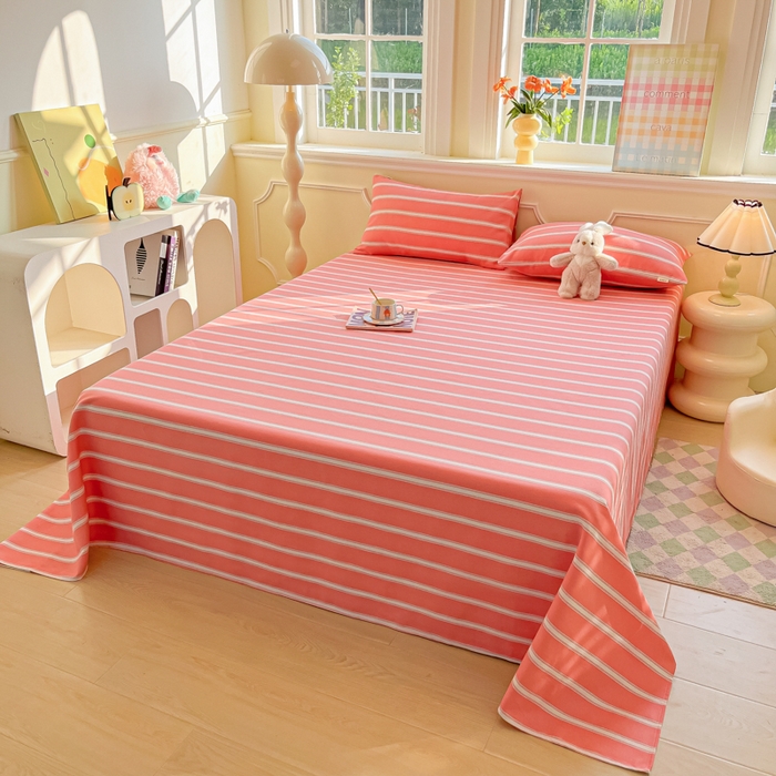 91家纺网 家纺一手货源 找家纺 爱彼家纺 2026新款原棉老粗布凉席席子床单条纹印花床单-粗纱系列一 雅粉中条