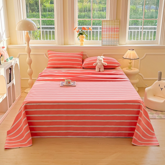 91家纺网 家纺一手货源 找家纺 爱彼家纺 2026新款原棉老粗布凉席席子床单条纹印花床单-粗纱系列一 雅粉中条