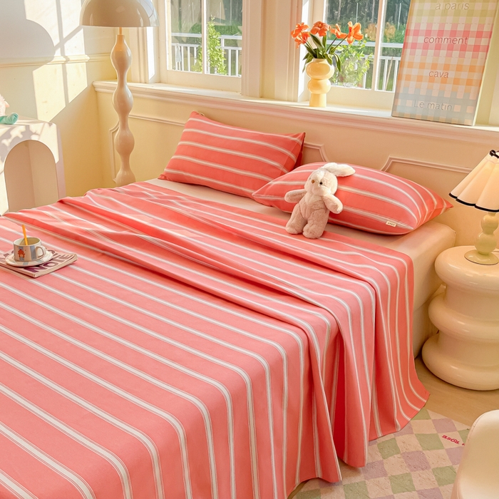 91家纺网 家纺一手货源 找家纺 爱彼家纺 2026新款原棉老粗布凉席席子床单条纹印花床单-粗纱系列一 雅粉中条