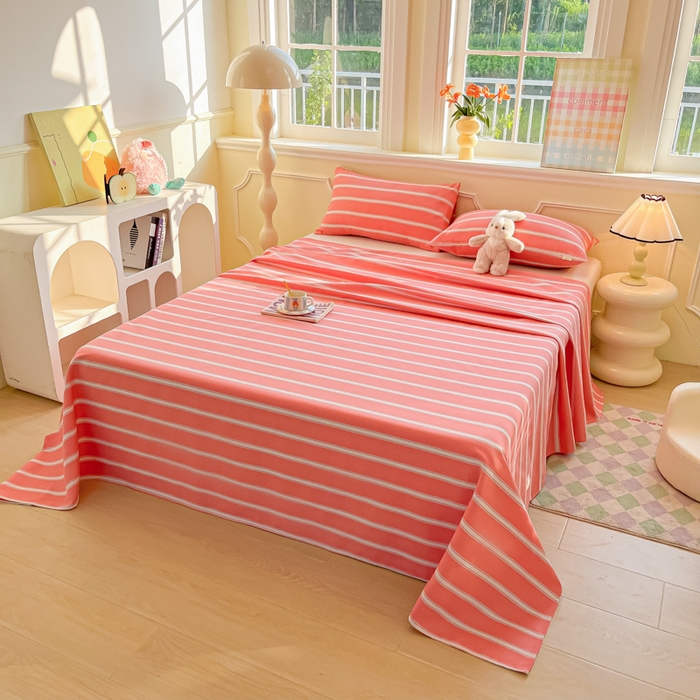 91家纺网 家纺一手货源 找家纺 爱彼家纺 2026新款原棉老粗布凉席席子床单条纹印花床单-粗纱系列一 雅粉中条