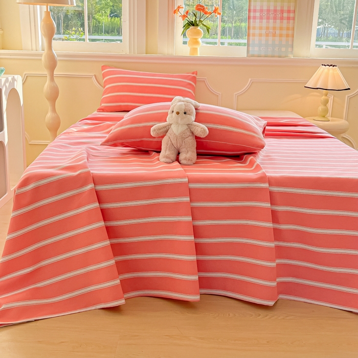 91家纺网 家纺一手货源 找家纺 爱彼家纺 2026新款原棉老粗布凉席席子床单条纹印花床单-粗纱系列一 雅粉中条