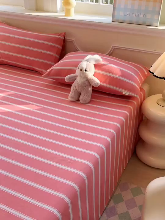 91家纺网 家纺一手货源 找家纺 爱彼家纺 2026新款原棉老粗布凉席席子床单条纹印花床单-粗纱系列一 雅粉中条