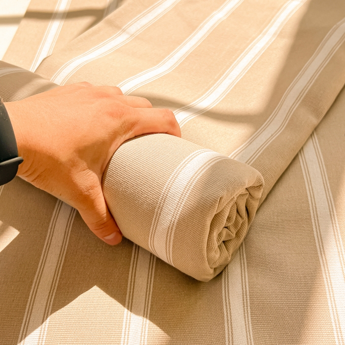 91家纺网 家纺一手货源 找家纺 爱彼家纺 2026新款原棉老粗布凉席席子床单条纹印花床单-粗纱系列一 奶咖中条