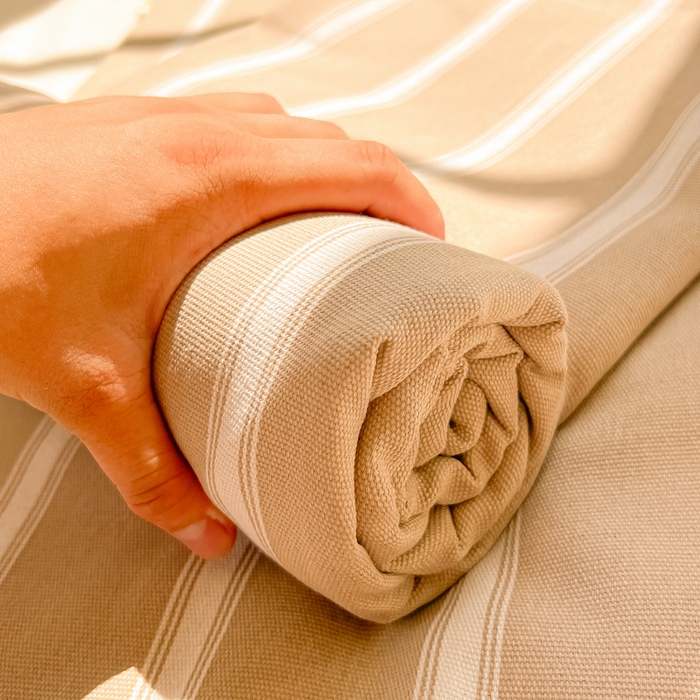 91家纺网 家纺一手货源 找家纺 爱彼家纺 2026新款原棉老粗布凉席席子床单条纹印花床单-粗纱系列一 奶咖中条