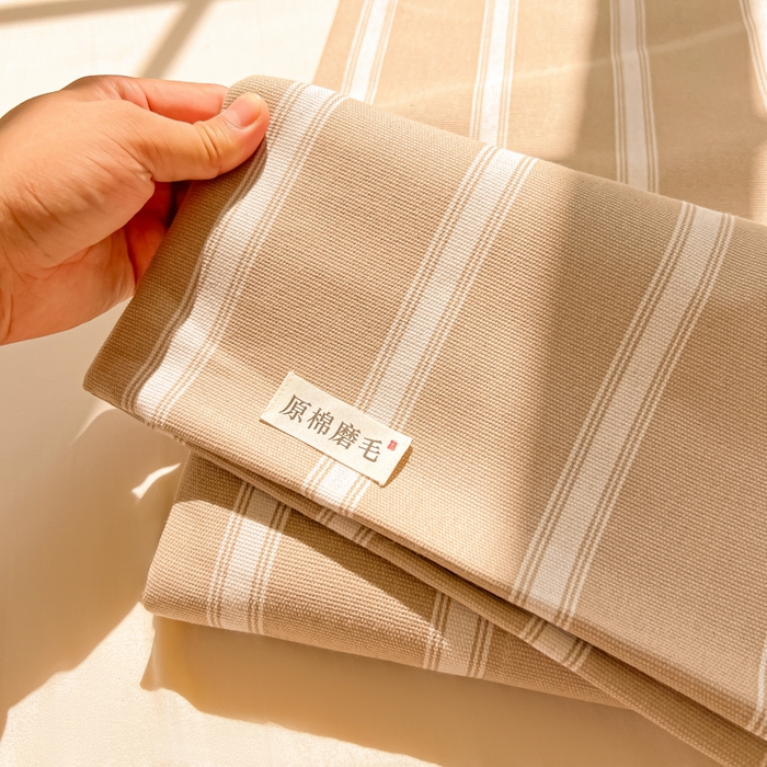 91家纺网 家纺一手货源 找家纺 爱彼家纺 2026新款原棉老粗布凉席席子床单条纹印花床单-粗纱系列一 奶咖中条