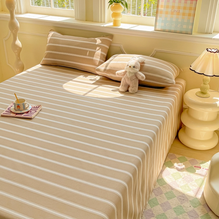 91家纺网 家纺一手货源 找家纺 爱彼家纺 2026新款原棉老粗布凉席席子床单条纹印花床单-粗纱系列一 奶咖中条