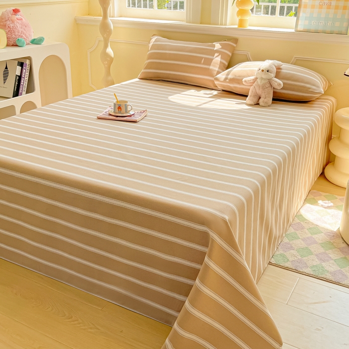 91家纺网 家纺一手货源 找家纺 爱彼家纺 2026新款原棉老粗布凉席席子床单条纹印花床单-粗纱系列一 奶咖中条