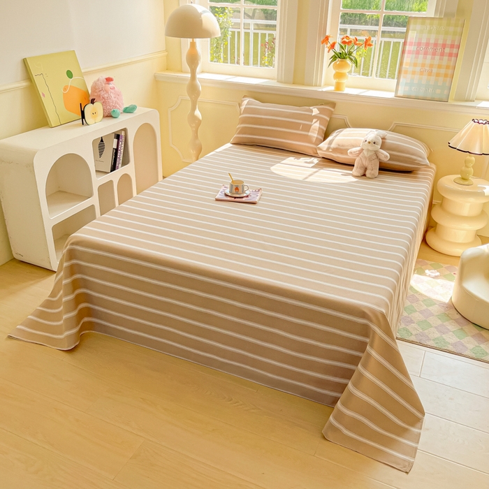 91家纺网 家纺一手货源 找家纺 爱彼家纺 2026新款原棉老粗布凉席席子床单条纹印花床单-粗纱系列一 奶咖中条