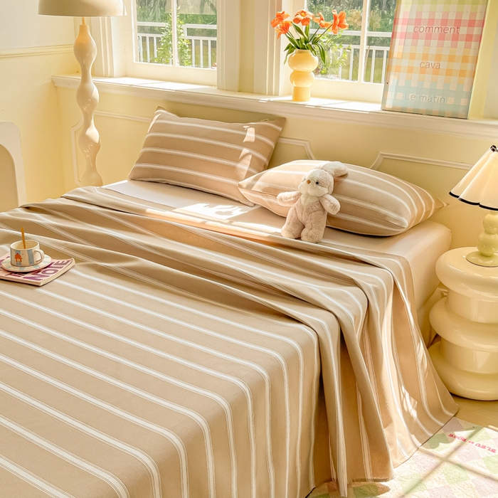 91家纺网 家纺一手货源 找家纺 爱彼家纺 2026新款原棉老粗布凉席席子床单条纹印花床单-粗纱系列一 奶咖中条