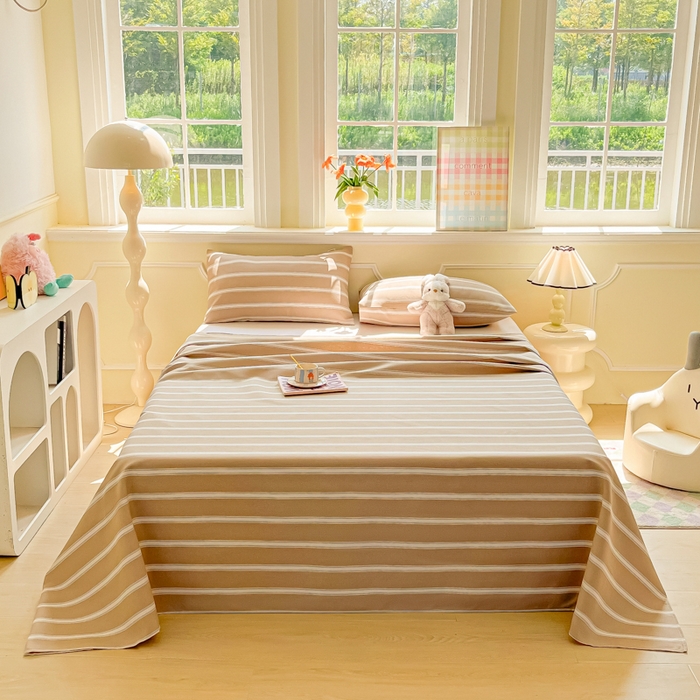 91家纺网 家纺一手货源 找家纺 爱彼家纺 2026新款原棉老粗布凉席席子床单条纹印花床单-粗纱系列一 奶咖中条