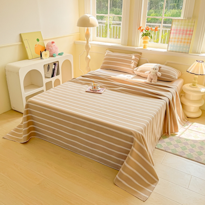 91家纺网 家纺一手货源 找家纺 爱彼家纺 2026新款原棉老粗布凉席席子床单条纹印花床单-粗纱系列一 奶咖中条