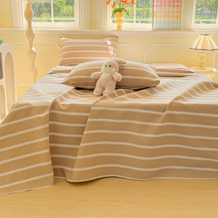 91家纺网 家纺一手货源 找家纺 爱彼家纺 2026新款原棉老粗布凉席席子床单条纹印花床单-粗纱系列一 奶咖中条