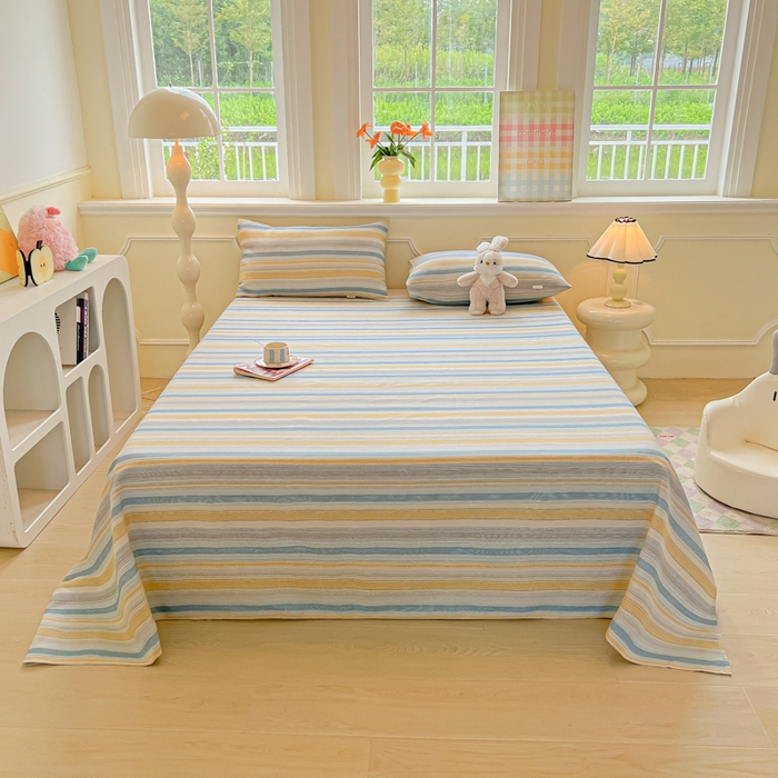 91家纺网 家纺一手货源 找家纺 爱彼家纺 2026新款原棉老粗布凉席席子床单条纹印花床单-粗纱系列一 琴蓝