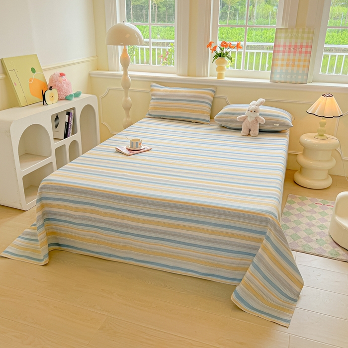 91家纺网 家纺一手货源 找家纺 爱彼家纺 2026新款原棉老粗布凉席席子床单条纹印花床单-粗纱系列一 琴蓝