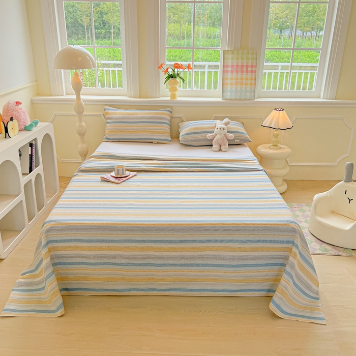 91家纺网 家纺一手货源 找家纺 爱彼家纺 2026新款原棉老粗布凉席席子床单条纹印花床单-粗纱系列一 琴蓝