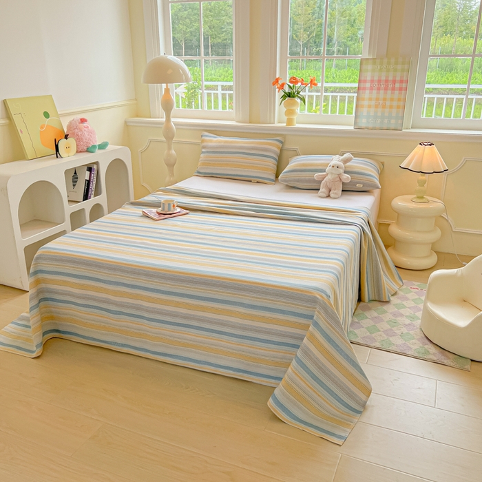 91家纺网 家纺一手货源 找家纺 爱彼家纺 2026新款原棉老粗布凉席席子床单条纹印花床单-粗纱系列一 琴蓝