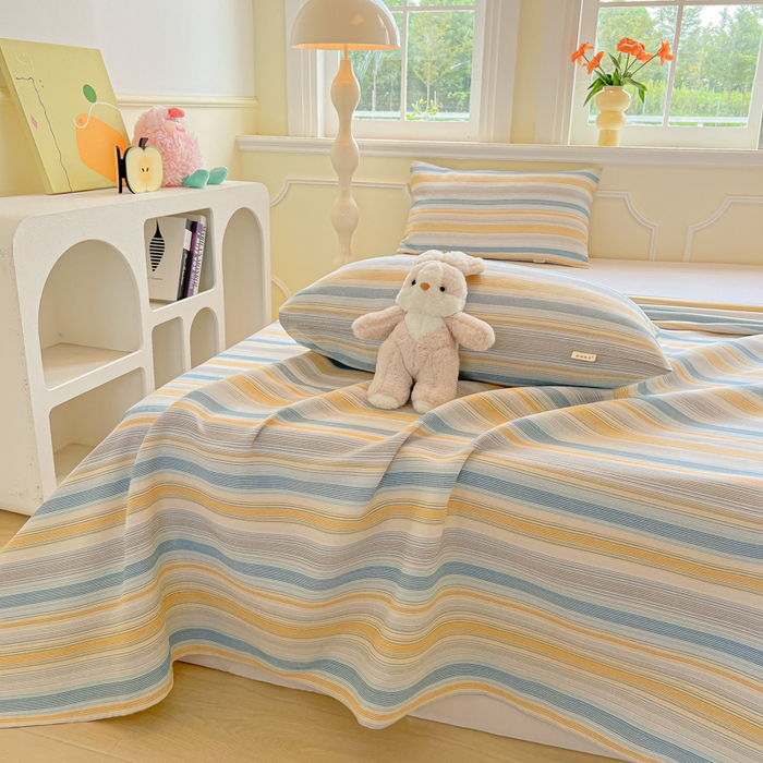 91家纺网 家纺一手货源 找家纺 爱彼家纺 2026新款原棉老粗布凉席席子床单条纹印花床单-粗纱系列一 琴蓝