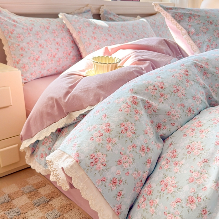 91家纺网 家纺一手货源 找家纺 （总）芯贝儿 2026新款古法小清新全棉花边仿棉水洗棉法式四件套件被套床单