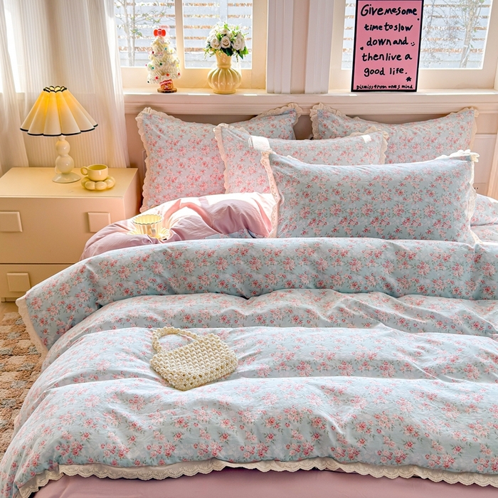 91家纺网 家纺一手货源 找家纺 （总）芯贝儿 2026新款古法小清新全棉花边仿棉水洗棉法式四件套件被套床单