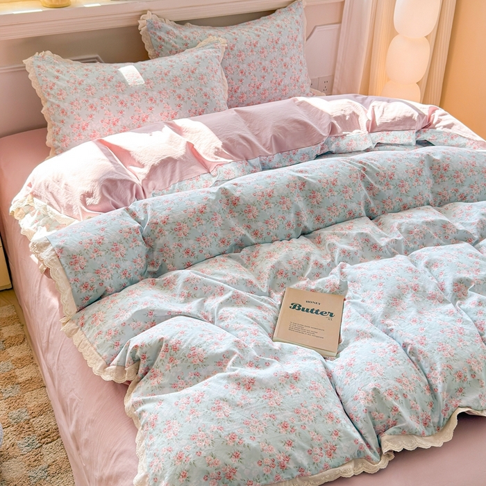 91家纺网 家纺一手货源 找家纺 （总）芯贝儿 2026新款古法小清新全棉花边仿棉水洗棉法式四件套件被套床单