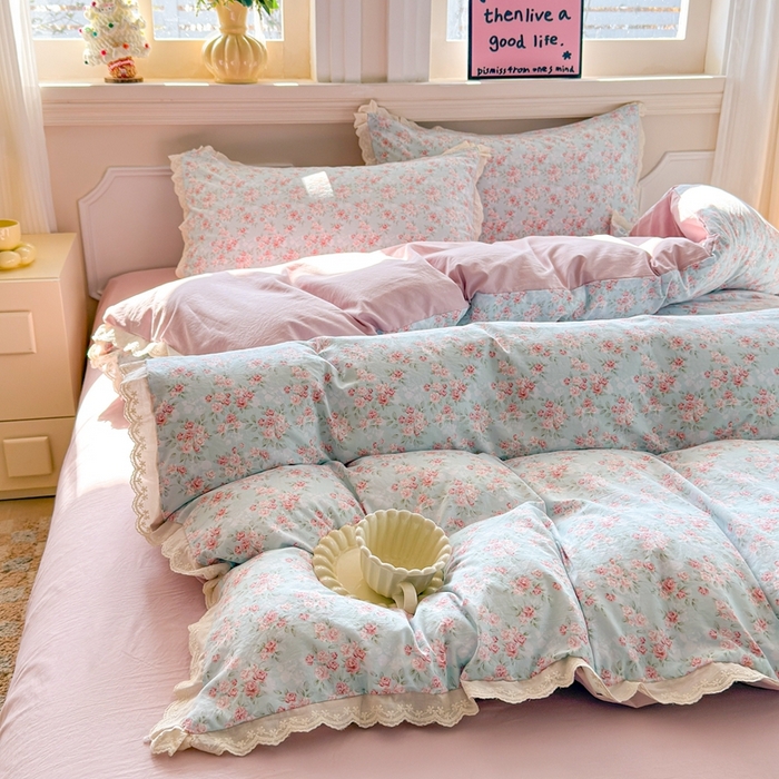 91家纺网 家纺一手货源 找家纺 （总）芯贝儿 2026新款古法小清新全棉花边仿棉水洗棉法式四件套件被套床单